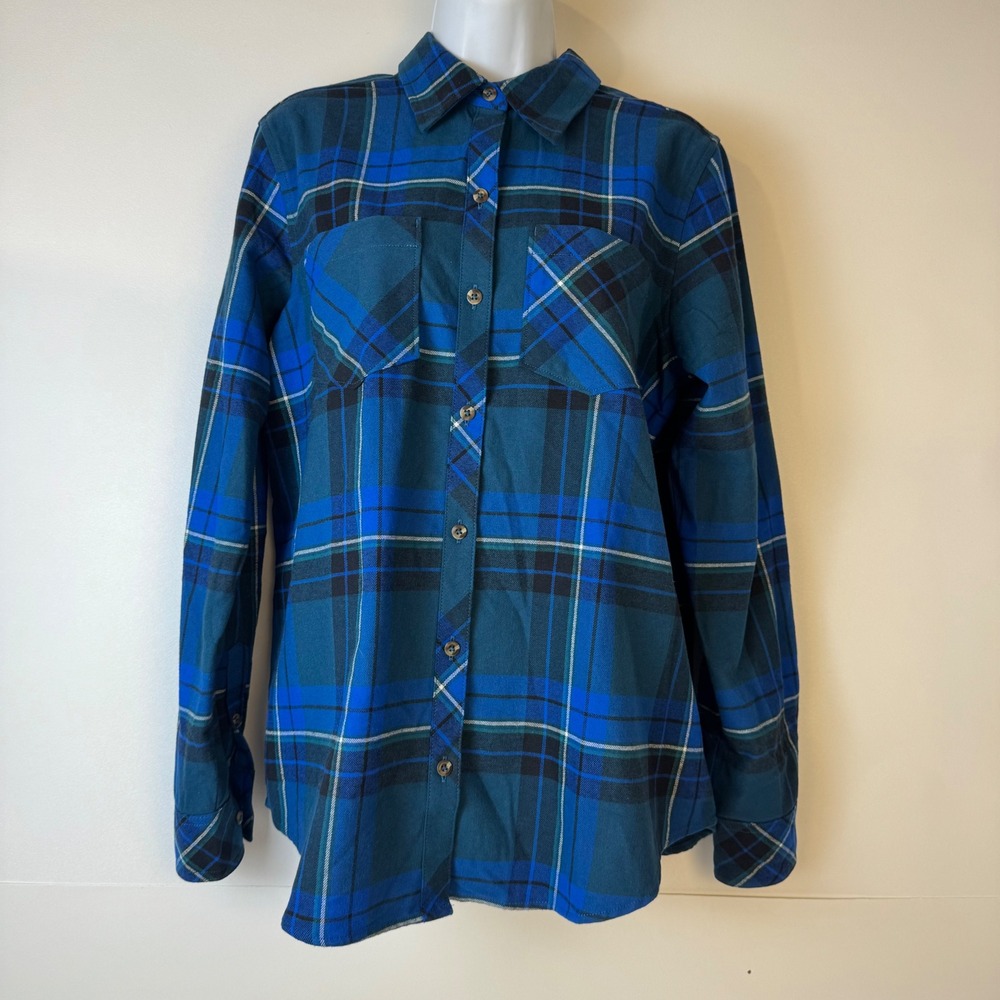 NWT Natural Reflections Flannel Shirt Women M Blue Cane Creek Plaid Button Up